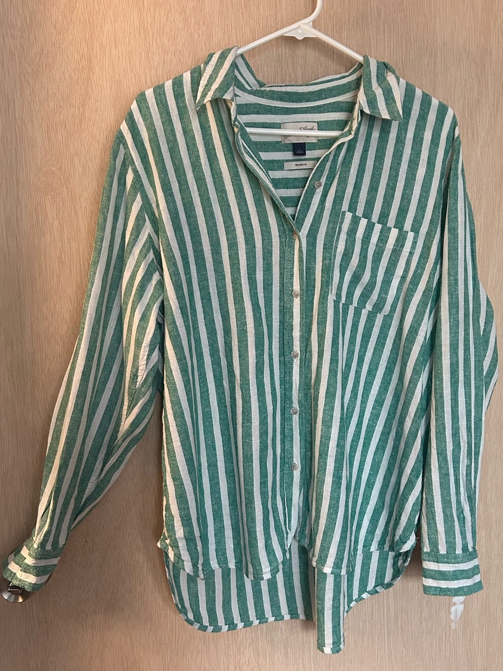 Relaxed Green and White Stripe Button-Up Shirt